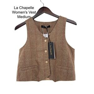 La Chapelle Women Med Brown Tweed Herringbone Pinstripe Button Front Vest